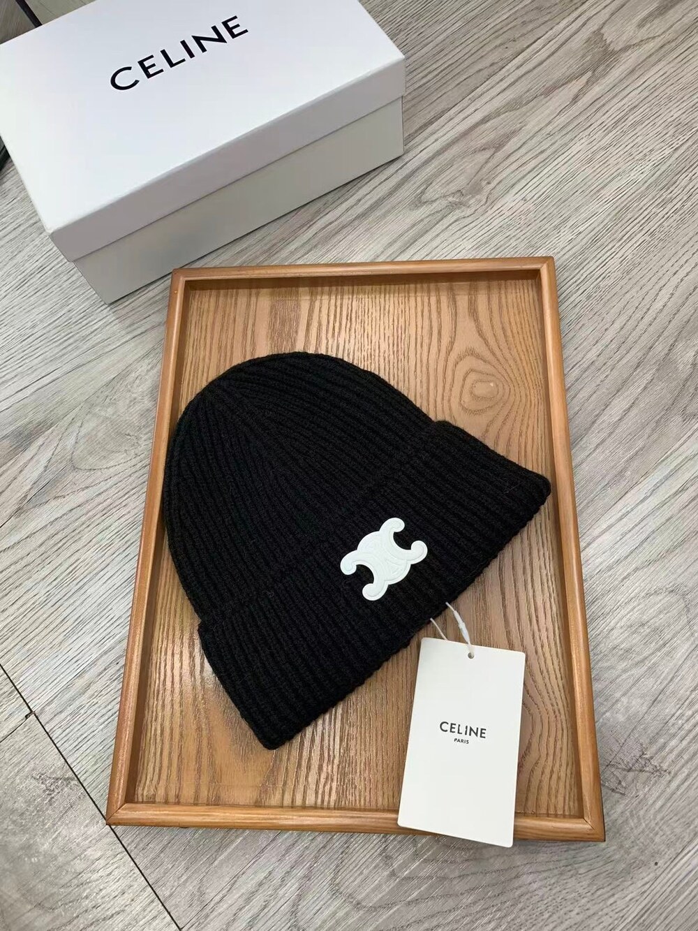 Celine Triomphe Ribbed Knit Beanie in Black - Picture 7 of 7